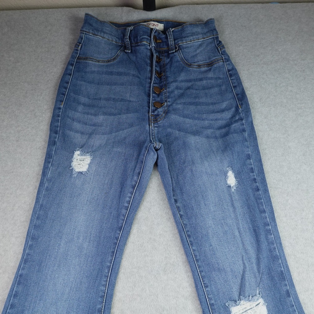 Vibrant MIU Jeans Womens 7 W27 Blue Distressed Flare High‎ Rise Bell Bottom - Picture 2 of 13